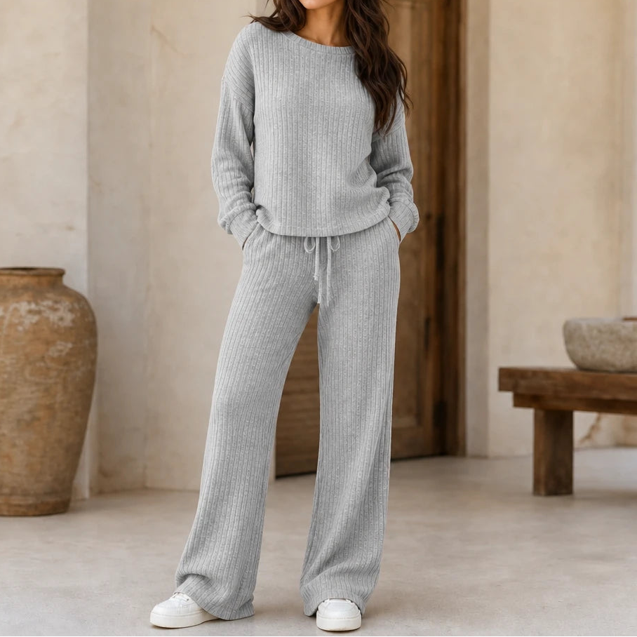 Softhaven – Ribbed Drop-Shoulder Sweater And Wide-Leg Pants Set