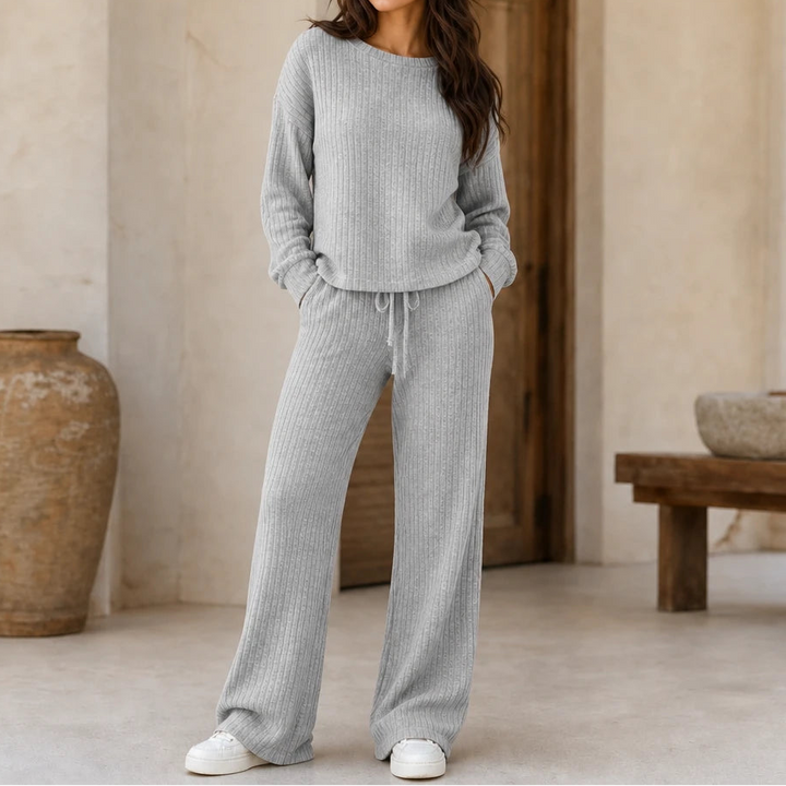 Softhaven – Ribbed Drop-Shoulder Sweater And Wide-Leg Pants Set