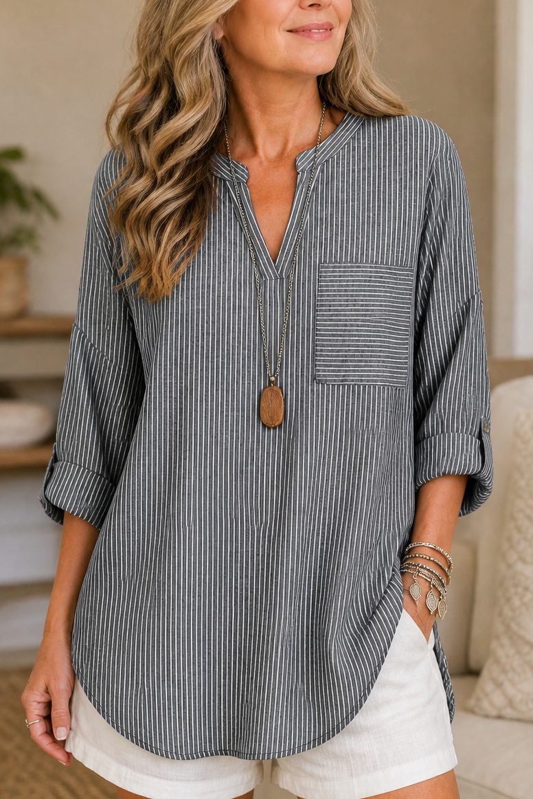 Wearbella – Striped V-Neck Roll-Sleeve Asymmetric Hem Top