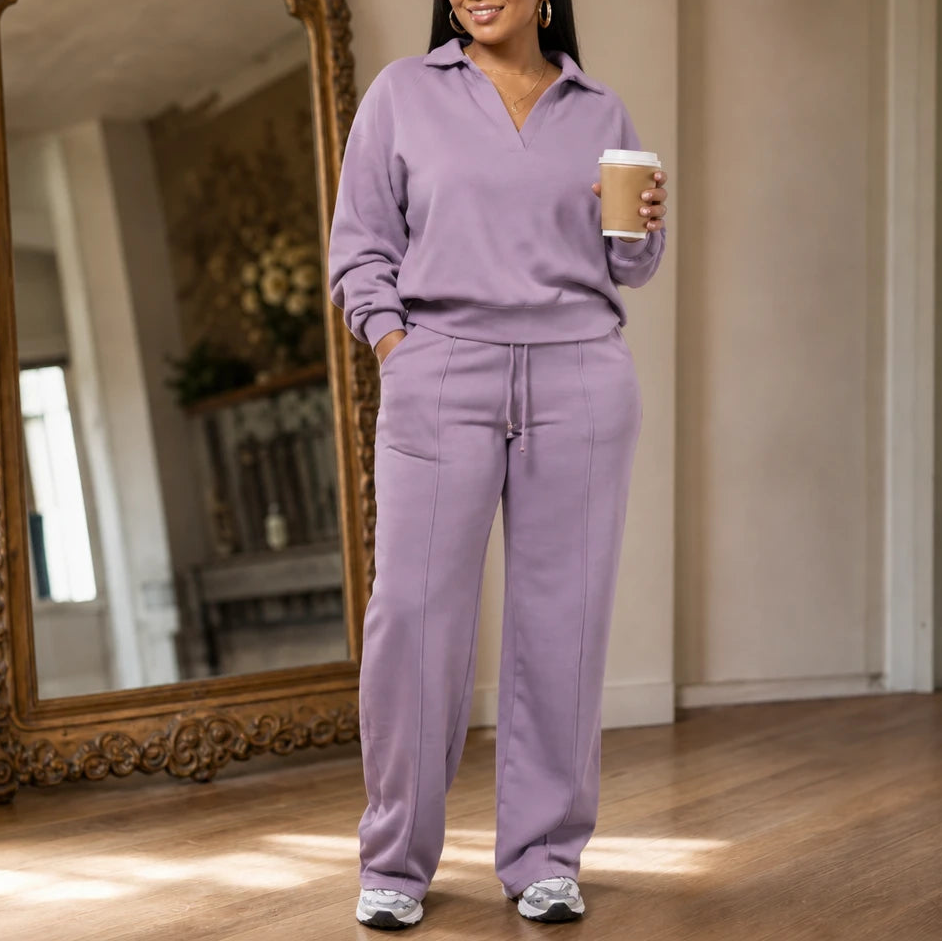Velaire – Collared V-Neck Top And Straight-Leg Pants Set