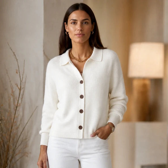 Wearbella – Contrast-Button Turn-Back Collar Knit Cardigan