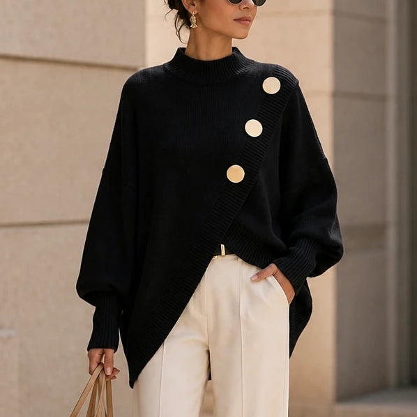 Hemline – Asymmetric Mock-Neck Button Knit Sweater