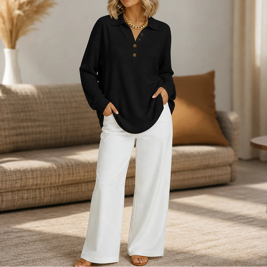 Autumnelle – Waffle-Textured Long-Sleeve V-Neck Blouse