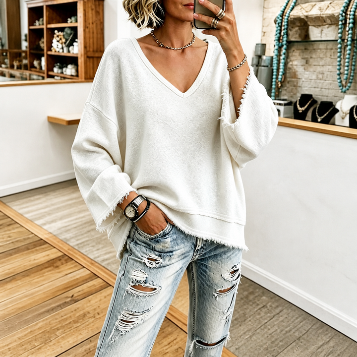 Wearbella – Raw-Hem Garment-Washed V-Neck Sweatshirt