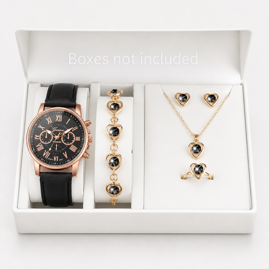 Fivella – Heart Dial 5-Piece Watch & Jewelry Set