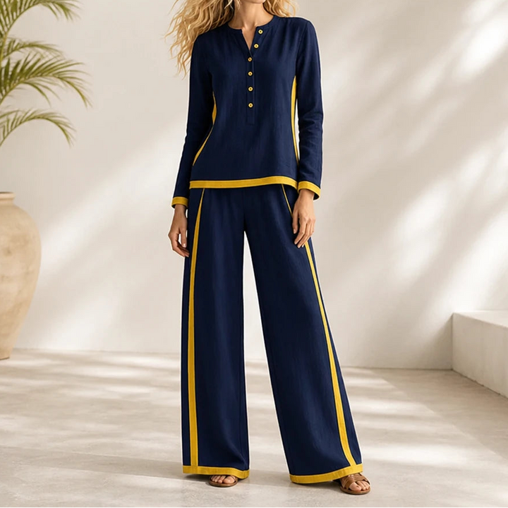 Modaform – Color-Block Long-Sleeve Top And Wide-Leg Pants Set