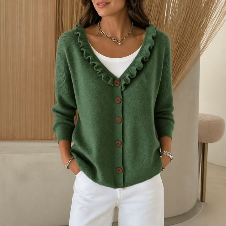 Wearbella – Ruffle Collar Stretch-Knit Cardigan