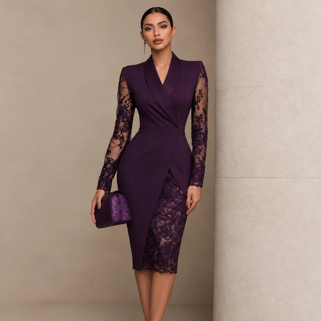 Belleform – Lace-Sleeve Blazer-Wrap Asymmetric Hem Dress