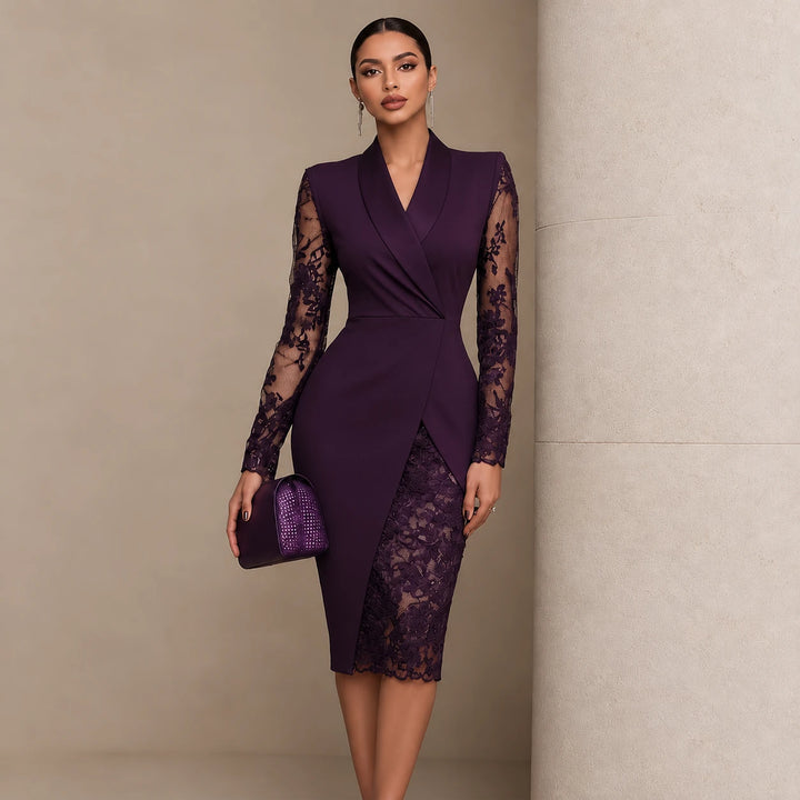 Belleform – Lace-Sleeve Blazer-Wrap Asymmetric Hem Dress