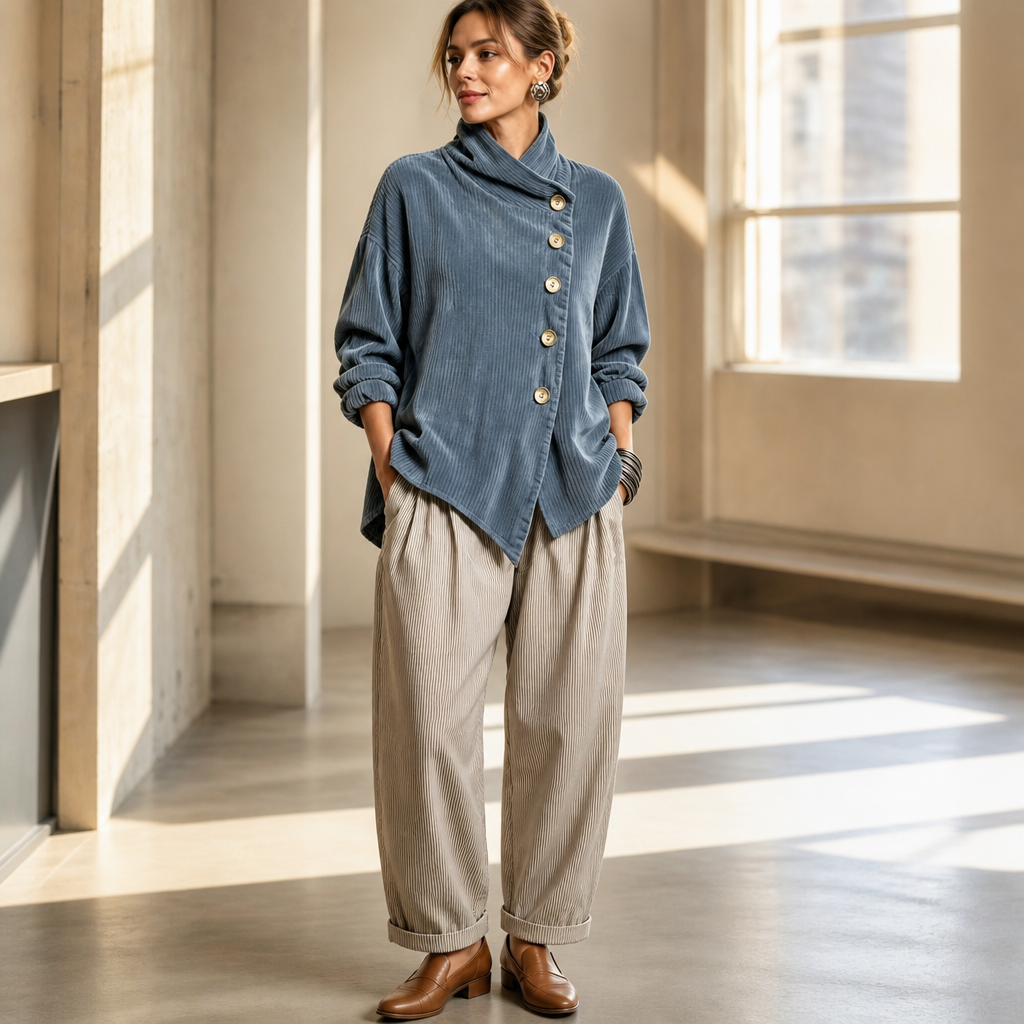 Foldover – Asymmetric Placket Funnel Neck Corduroy Top
