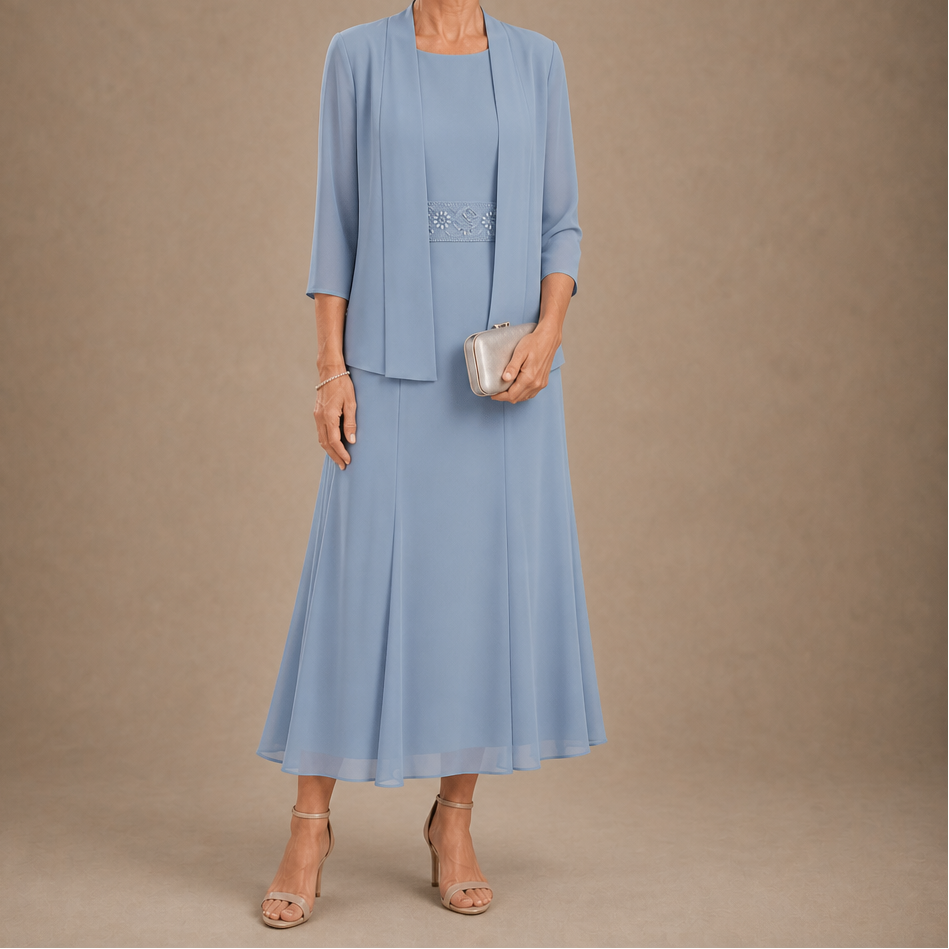 Elowen – Sleeveless Beaded-Waist Chiffon Dress With Jacket