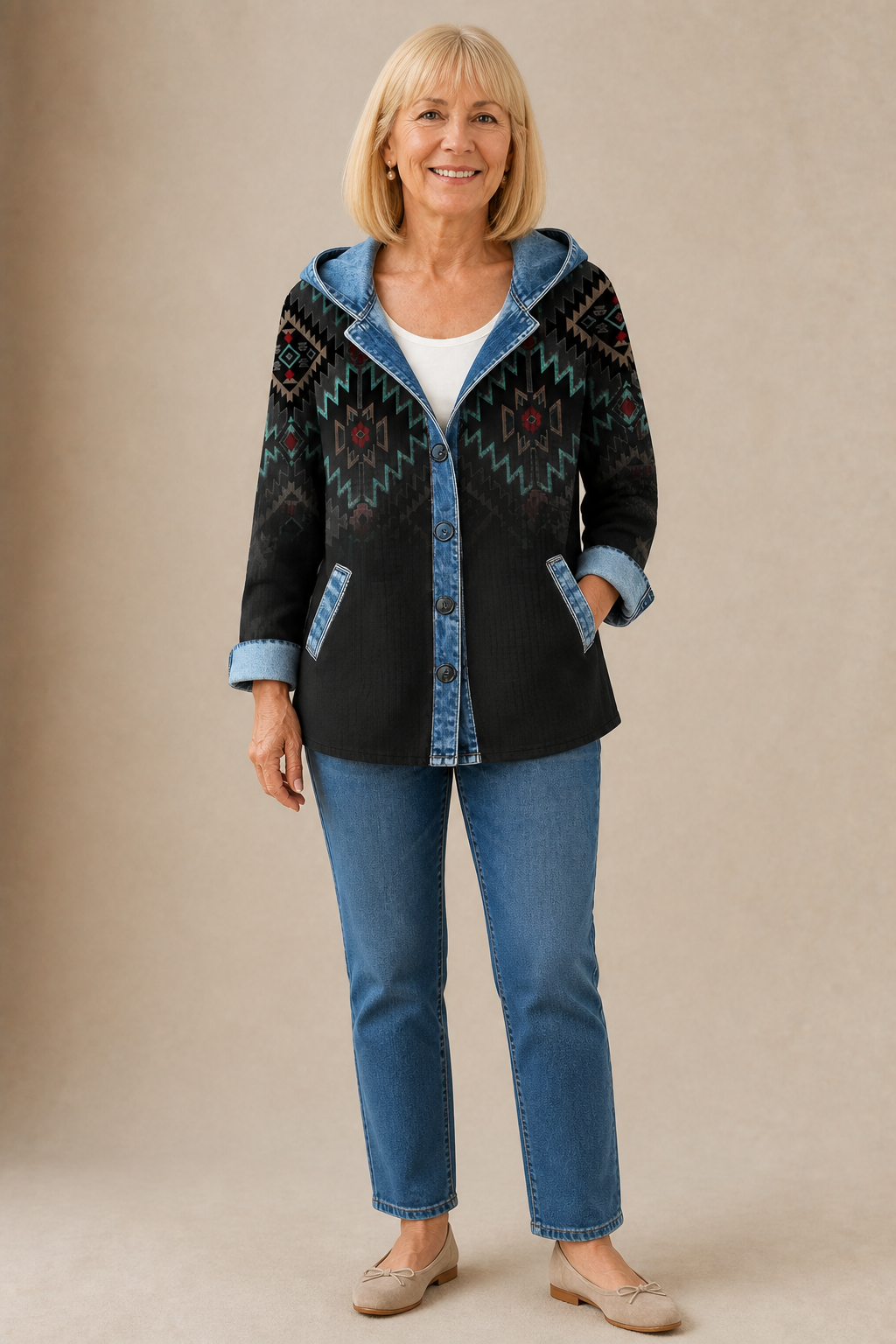 [BrandName] – Denim-Trim Hooded Knit Cardigan