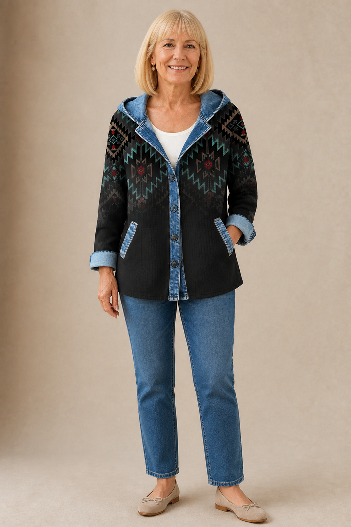 [BrandName] – Denim-Trim Hooded Knit Cardigan