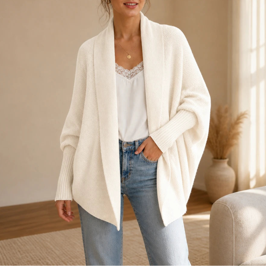 Drapeelle – Textured Batwing Open-Front Knit Cardigan