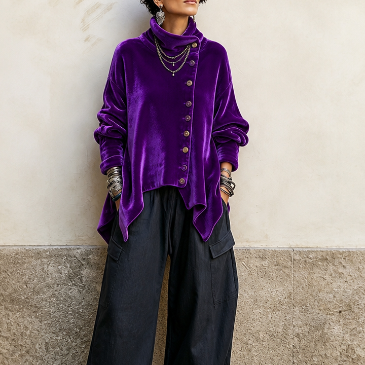 Velvara – Asymmetric Button Velvet Turtleneck Top