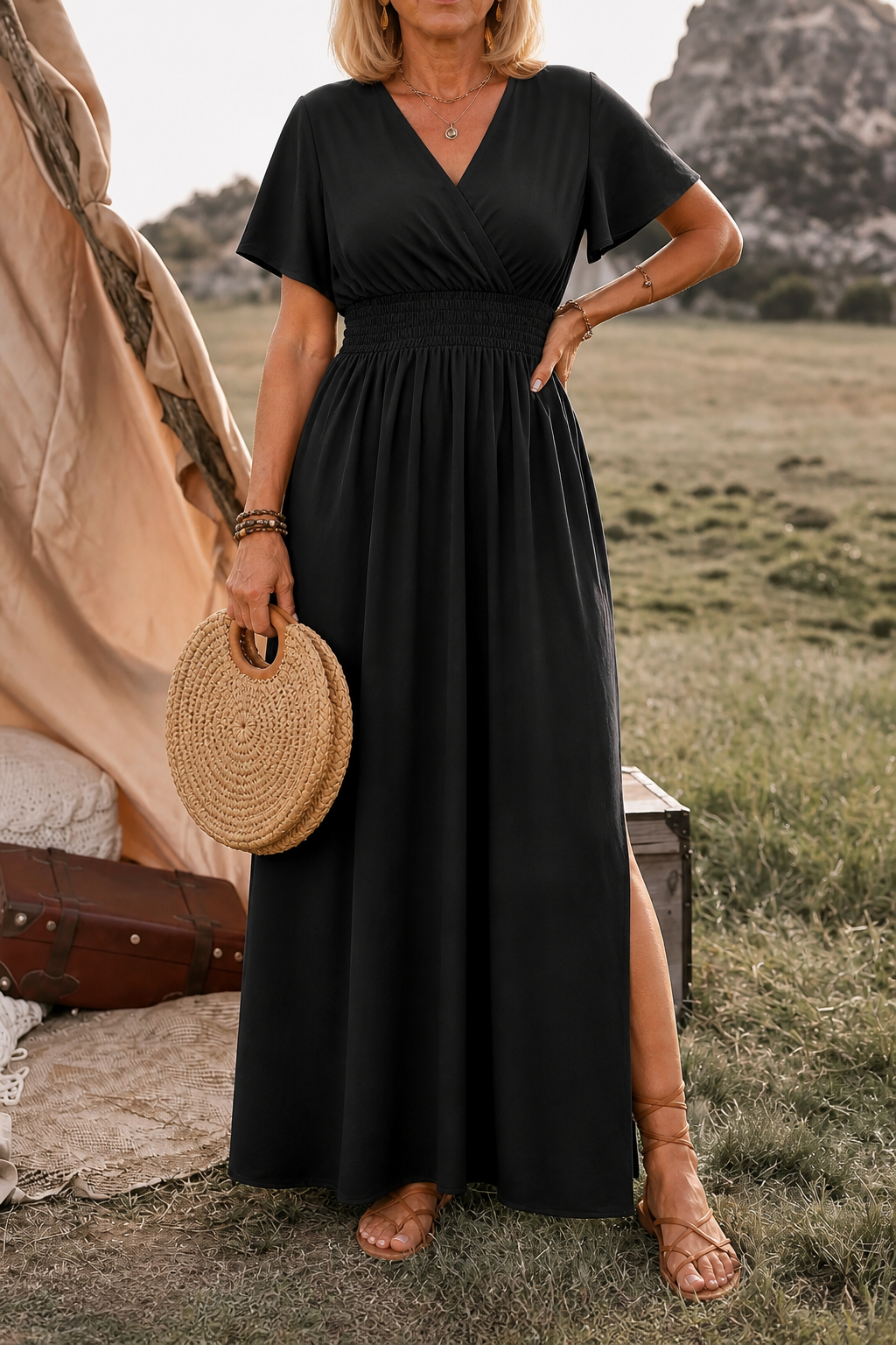 Lunetta – Button-Front V-Neck Side Slit Maxi Dress