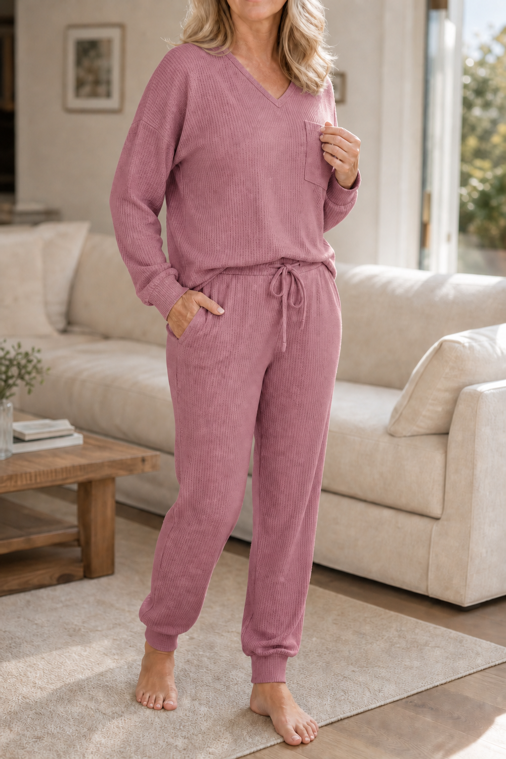 Wearbella – Waffle-Knit-Look V-Neck Lounge Set