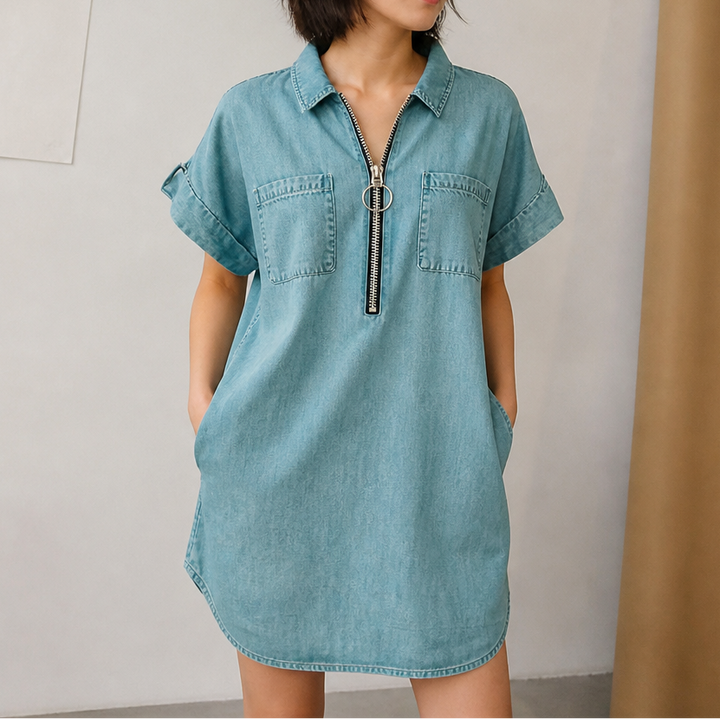 Zipdaya – Adjustable Zip-Front Denim Shift Dress
