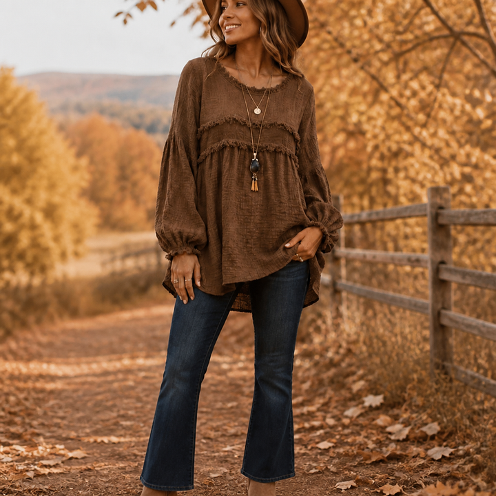 Wovella – Fringe-Trim Pleated-Sleeve Boho Blouse