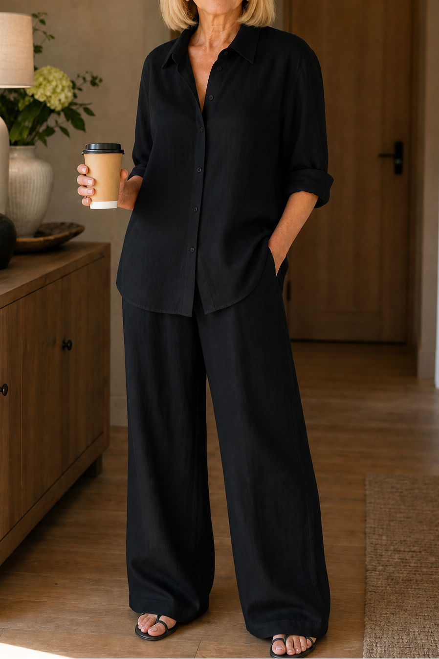 Linore – Matching Linen-Blend Shirt And Wide-Leg Pants Set
