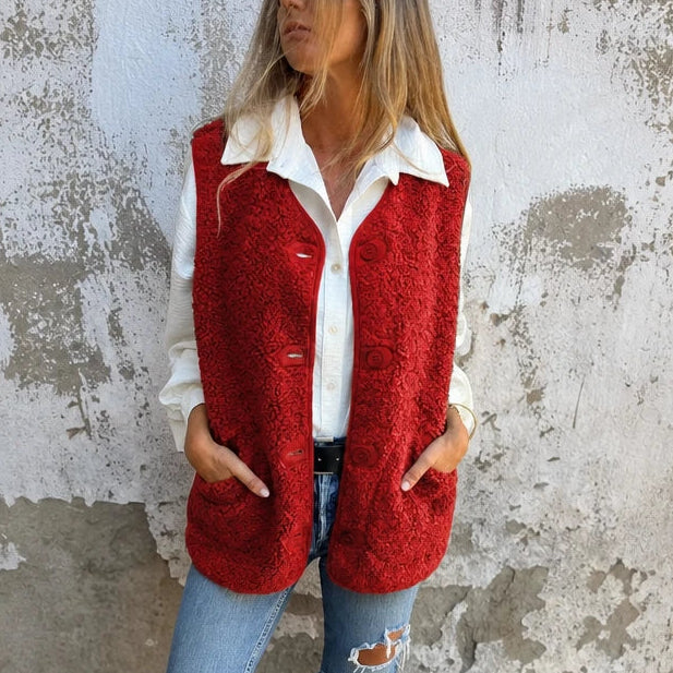 Autumna – Fleece-Look Button-Front Pocket Vest