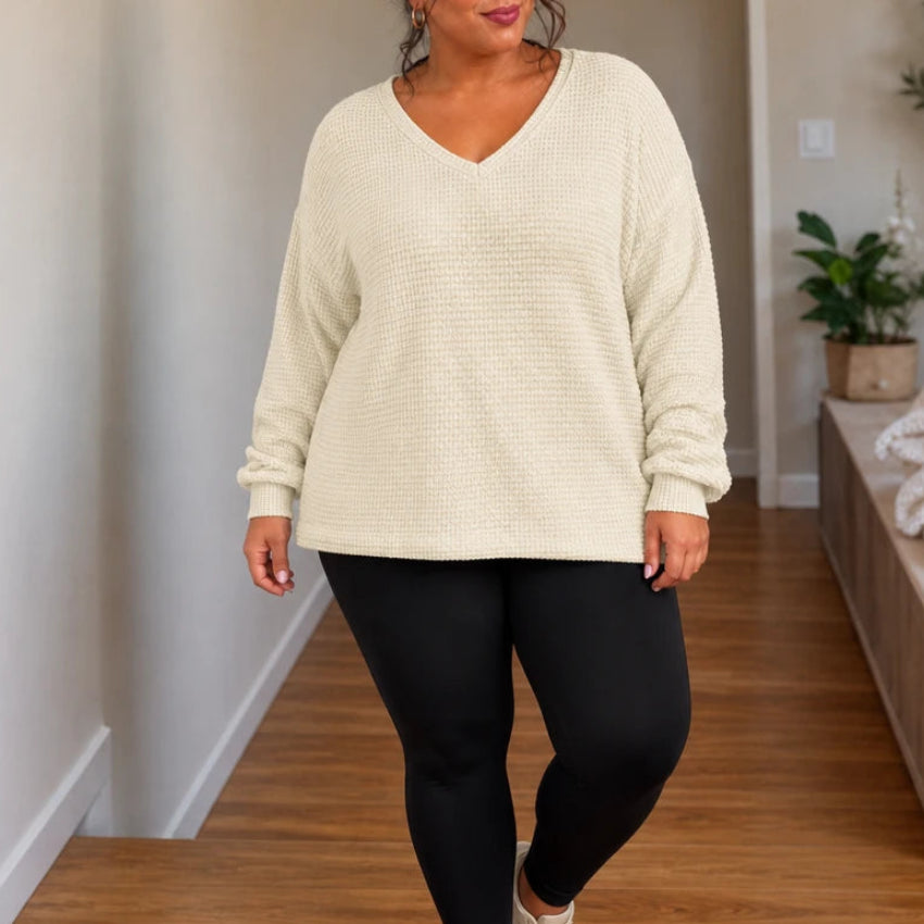 Vellune – V-Neck Waffle-Knit Long Sleeves Sweater