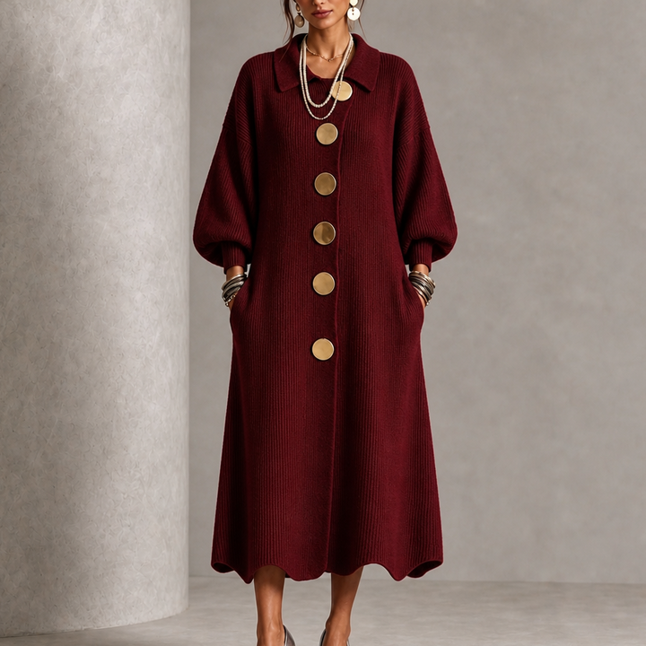 Vivelyn – Gold Button Ribbed Lantern Sleeve Maxi Dress