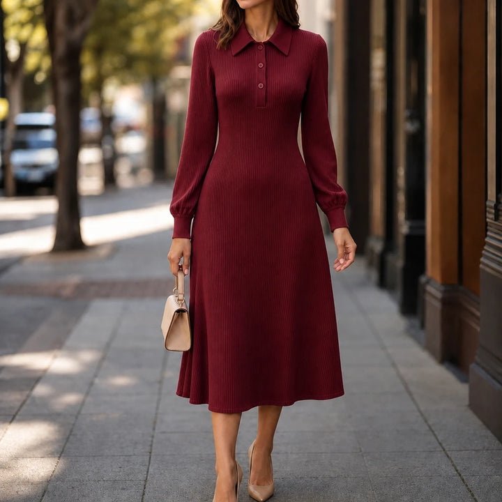 Lapella – Ribbed Knit Lapel Collar Midi Dress