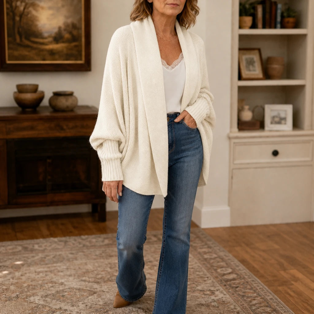 Drapeelle – Crochet-Look Open-Front Batwing Cardigan