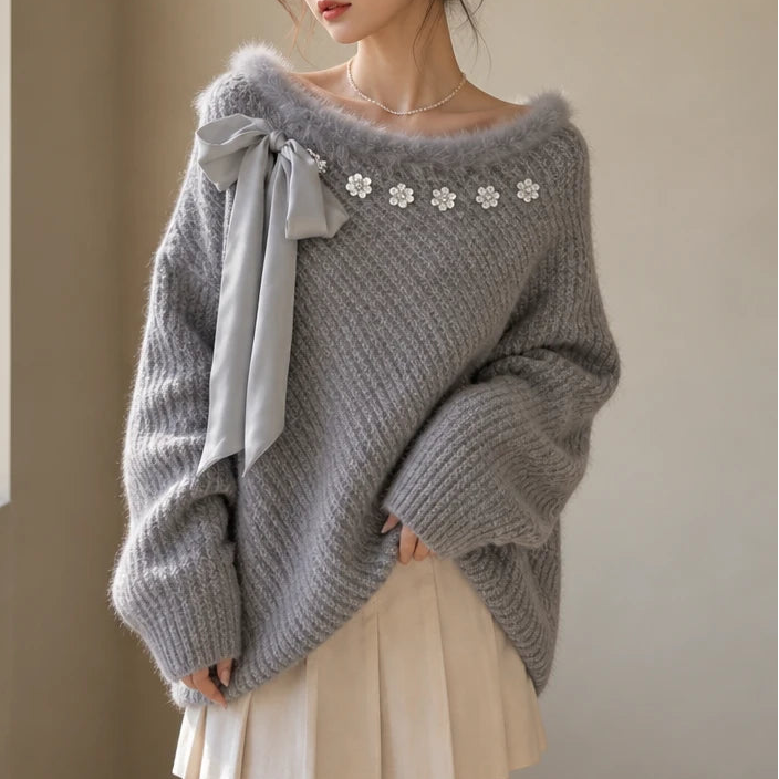 Hollytrim – Bow Floral Plush-Trim Christmas Sweater