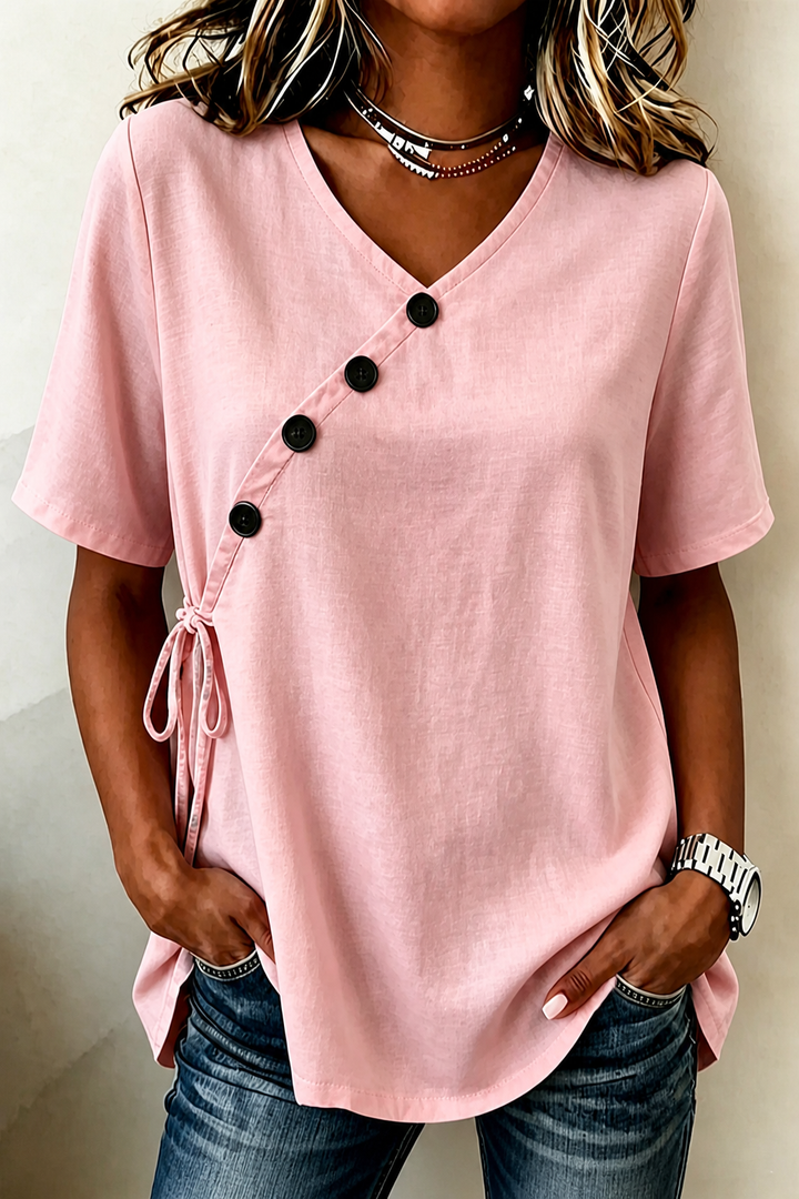 Wearbella – Side-Tie Diagonal-Button V-Neck Top