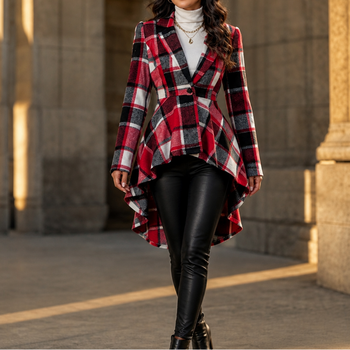 Wearbella – Cinched-Waist High-Low Plaid Peplum Coat