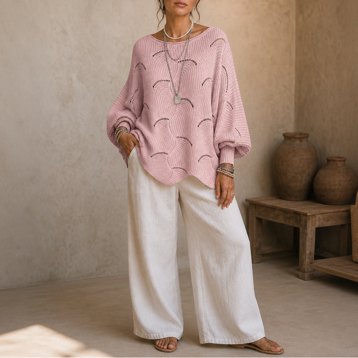Wavelune – Openwork Wave-Knit Batwing Sweater