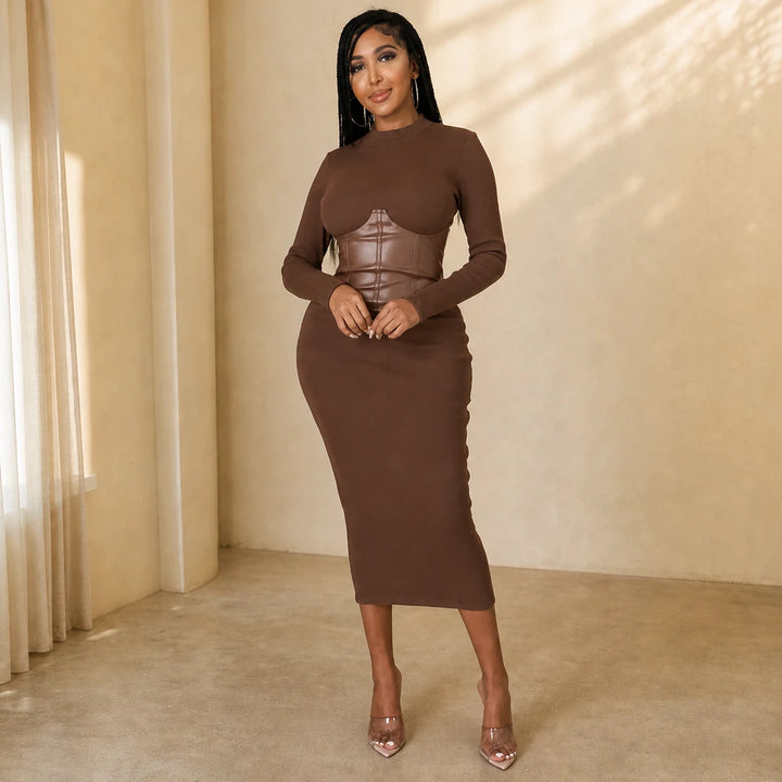 Velora – Corset-Waist Ribbed Knit Midi Dress