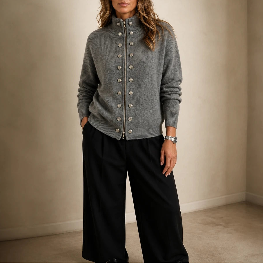 Plot Twist – Double-Button High-Neck Knit Cardigan