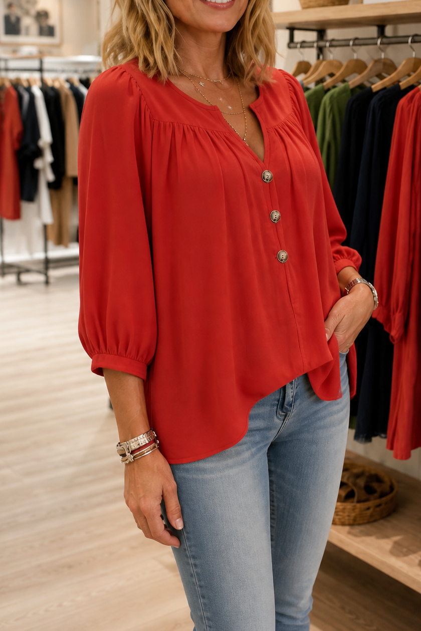Wearbella – Gathered V-Neck Puff Sleeve Blouse