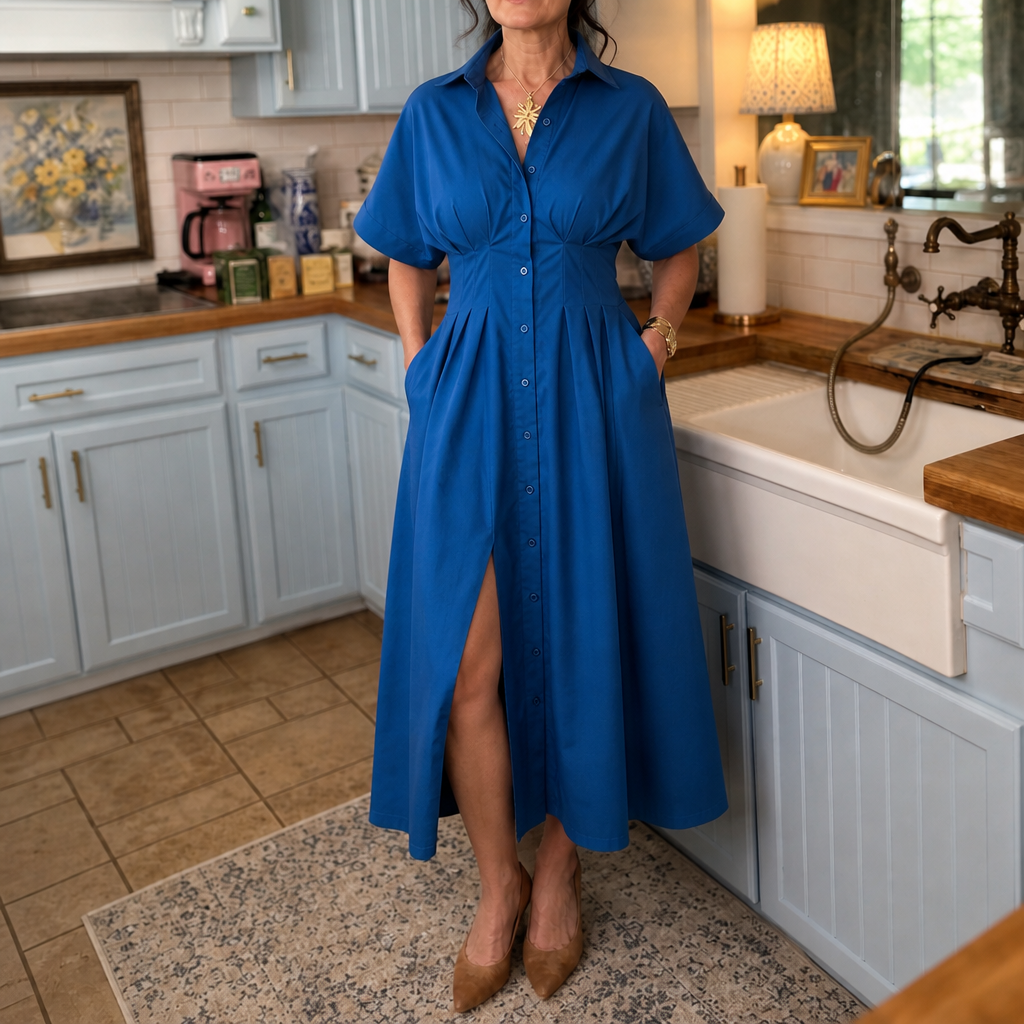 Solmara – Pleated Waist Button-Front Maxi Shirt Dress