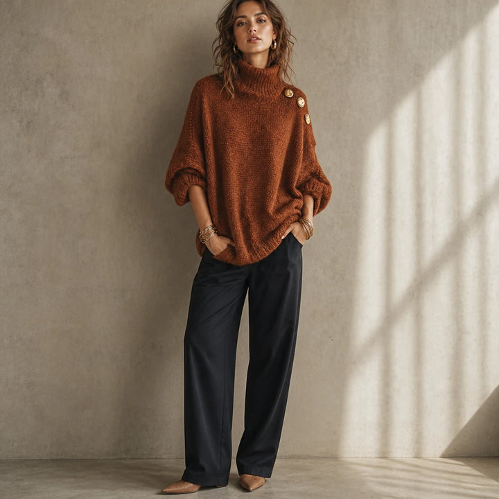 Aurelle – Gold Button Shoulder Knit Turtleneck Sweater