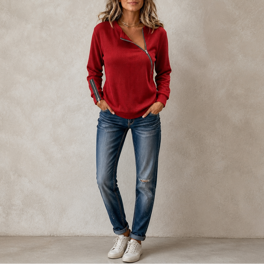 Layerly – Asymmetric Zip Ribbed Knit Top