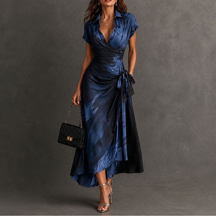 Vellora – Abstract Print Wrap Midi Dress