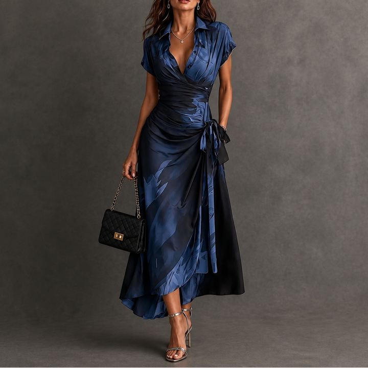 Vellora – Abstract Print Wrap Midi Dress