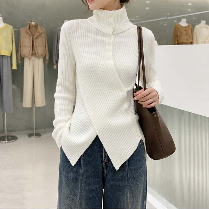 Sylera – Asymmetric Wrap Front Diagonal Button Knit Top