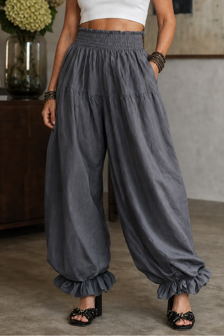 Wearbella – Smocked Waist Ruffled Hem Wide Leg Pants