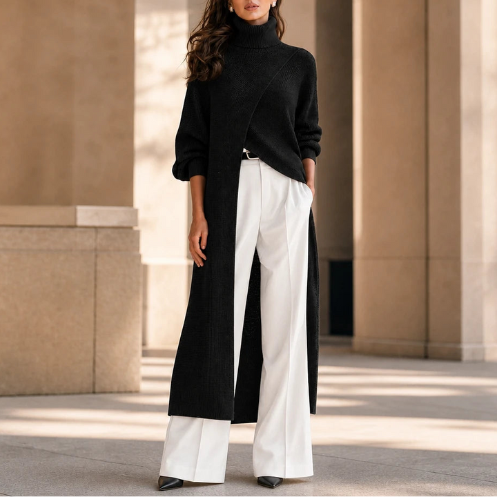 Linevera – Pit-Stripe Ribbed Asymmetric Turtleneck Top