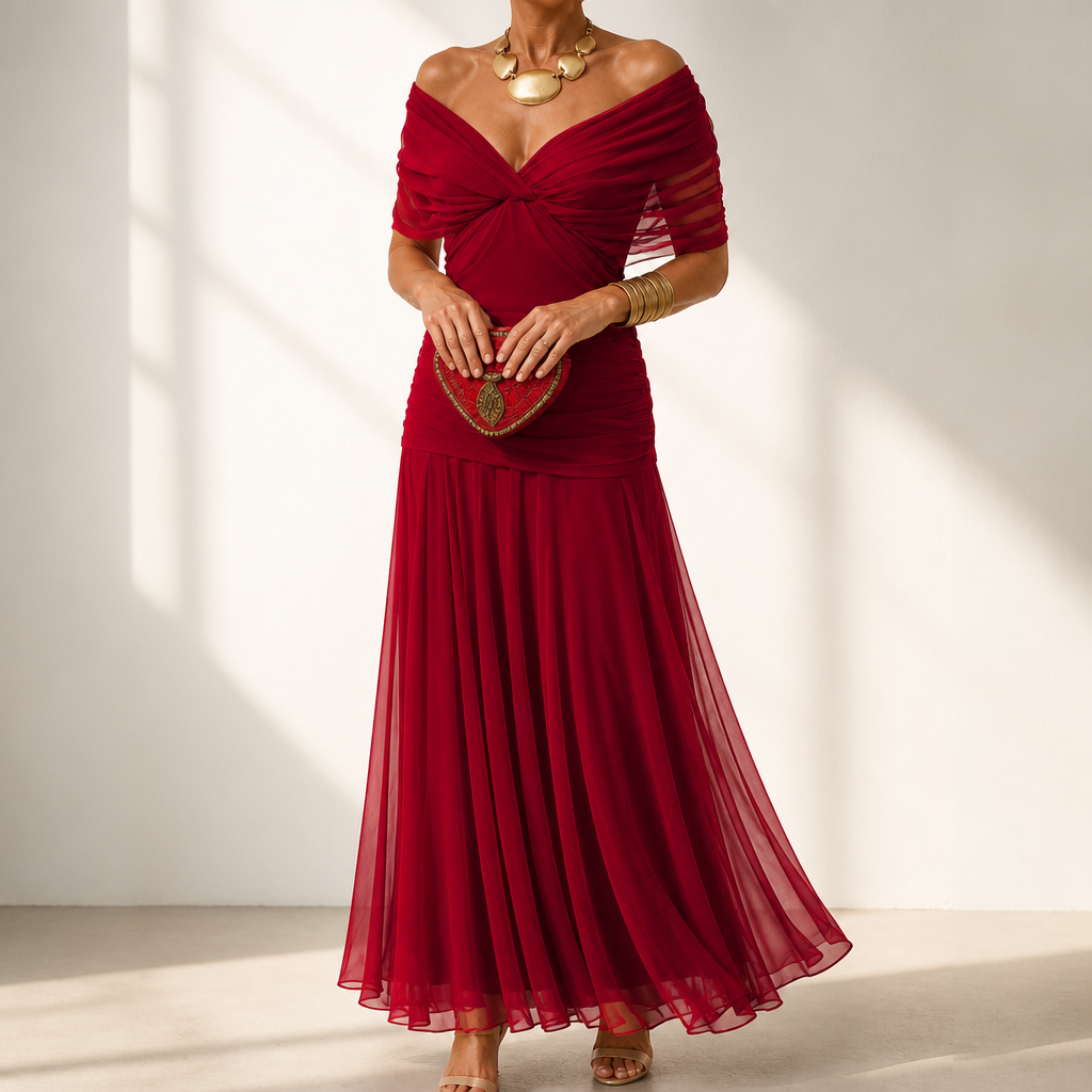 Veloura – Off-The-Shoulder Draped Mermaid Maxi Dress