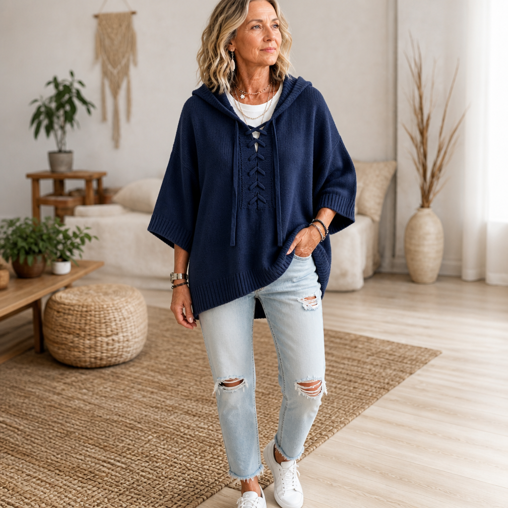 Lunarknit – Lace-Up Deep V Hooded Knit Pullover