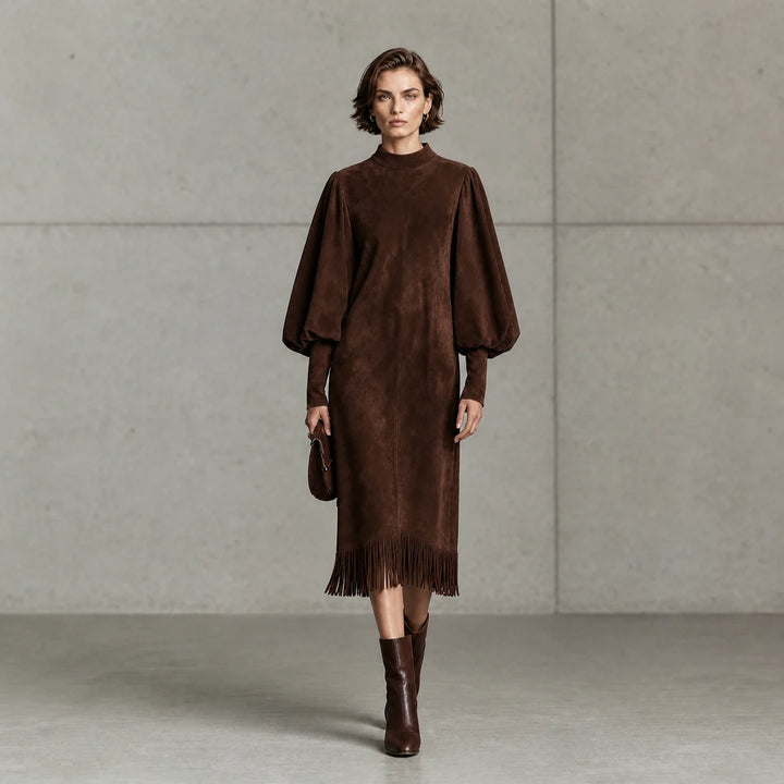 Suede Serenade – Faux Suede-Look Lantern Sleeve Fringe Midi Dress