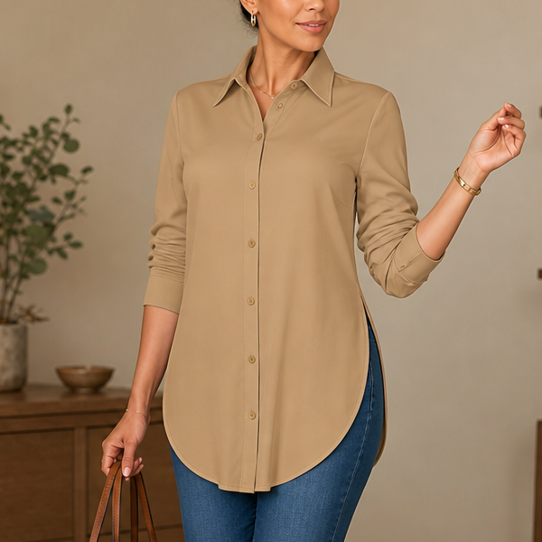 Elara Curve – Curved-Hem Stretch Button-Front Shirt