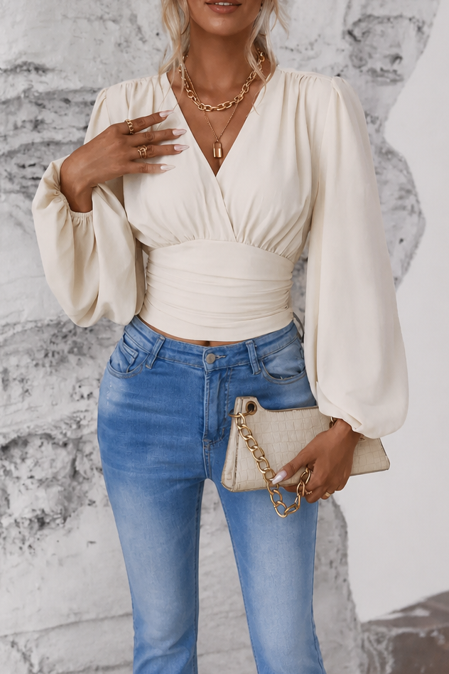 Cinchelle – Ruched Waist Puff Sleeve Chiffon Look Blouse