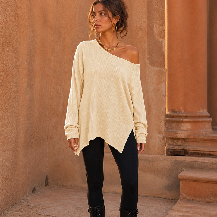 Veluna – Side-Slit Off-Shoulder Tunic Blouse